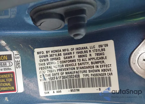 2010 Honda Civic Vp from USA, damaged, VIN 19XFA1F38AE002408